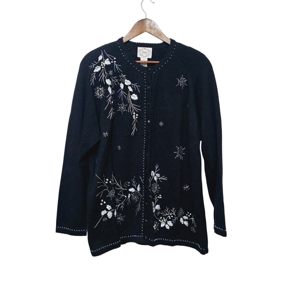 Stitches In Time Cardigan Sweater Women's 1X Black Silver Embroidery Embellished